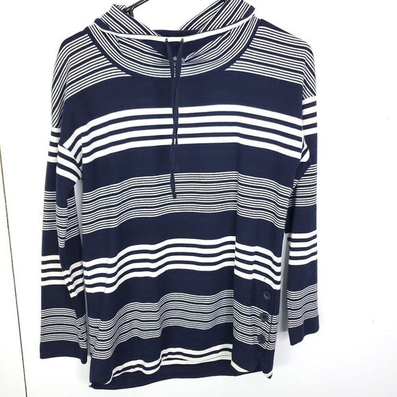 T By Talbots Sweater Womens S Drawstring Cowl Neck Striped Button Sides Nautical - Picture 1 of 8